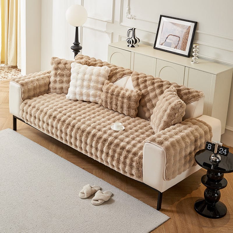 Beige Camel - Fodera per divano antiscivolo Lusso in Pelliccia Sintetica Molletonnée