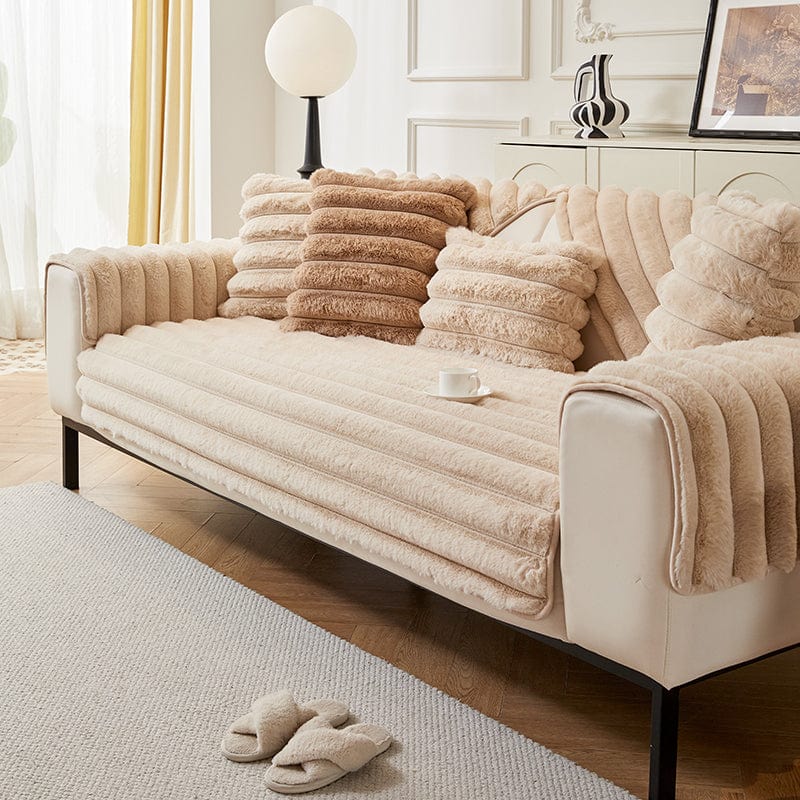 Beige - Fodera per divano antiscivolo Lusso in Pelliccia Sintetica