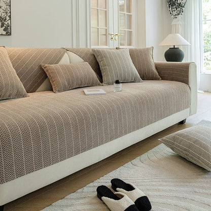 Beige Taupe - Fodera per divano antiscivolo in Tessuto Spina di pesce
