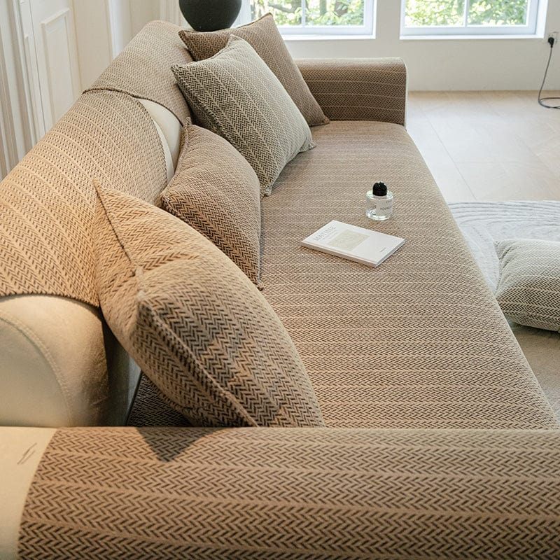 Beige Taupe - Fodera per divano antiscivolo in Tessuto Spina di pesce