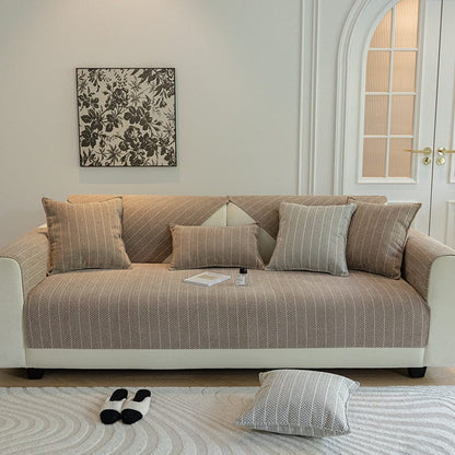 Beige Taupe - Fodera per divano antiscivolo in Tessuto Spina di pesce