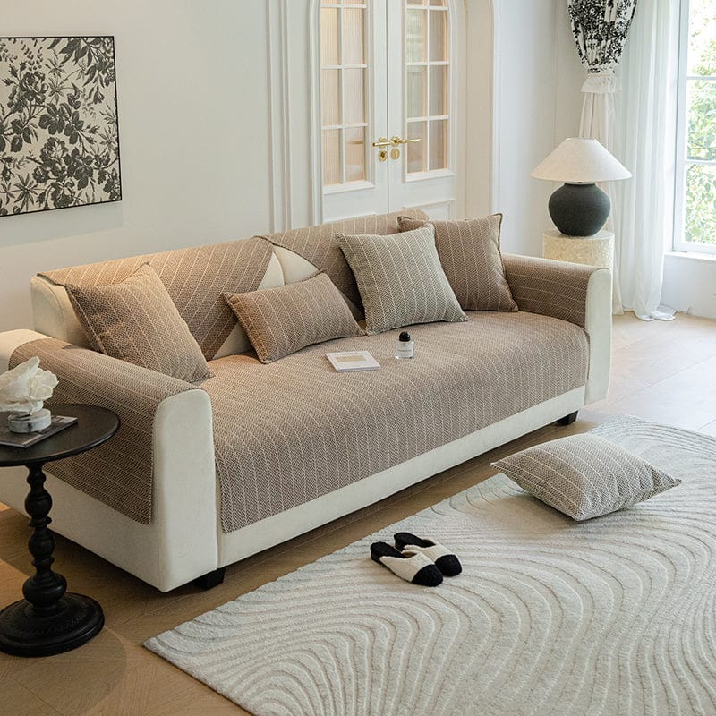 Beige Taupe - Fodera per divano antiscivolo in Tessuto Spina di pesce