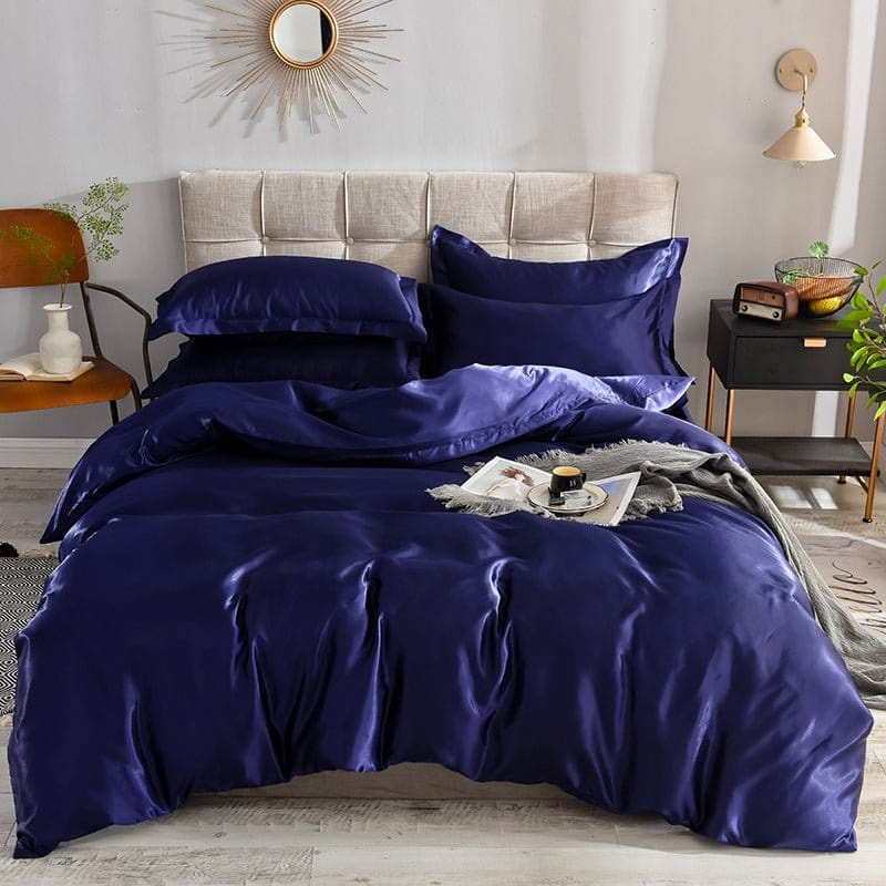 Blu scuro type satin - Drap Fodera / Copripiumino / 2 taies d'oreiller