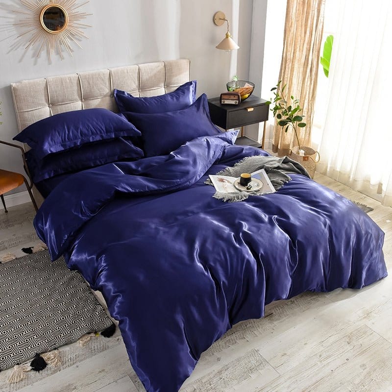 Blu scuro type satin - Drap Fodera / Copripiumino / 2 taies d'oreiller