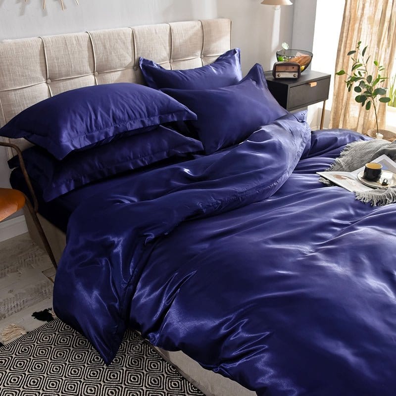 Blu scuro type satin - Drap Fodera / Copripiumino / 2 taies d'oreiller