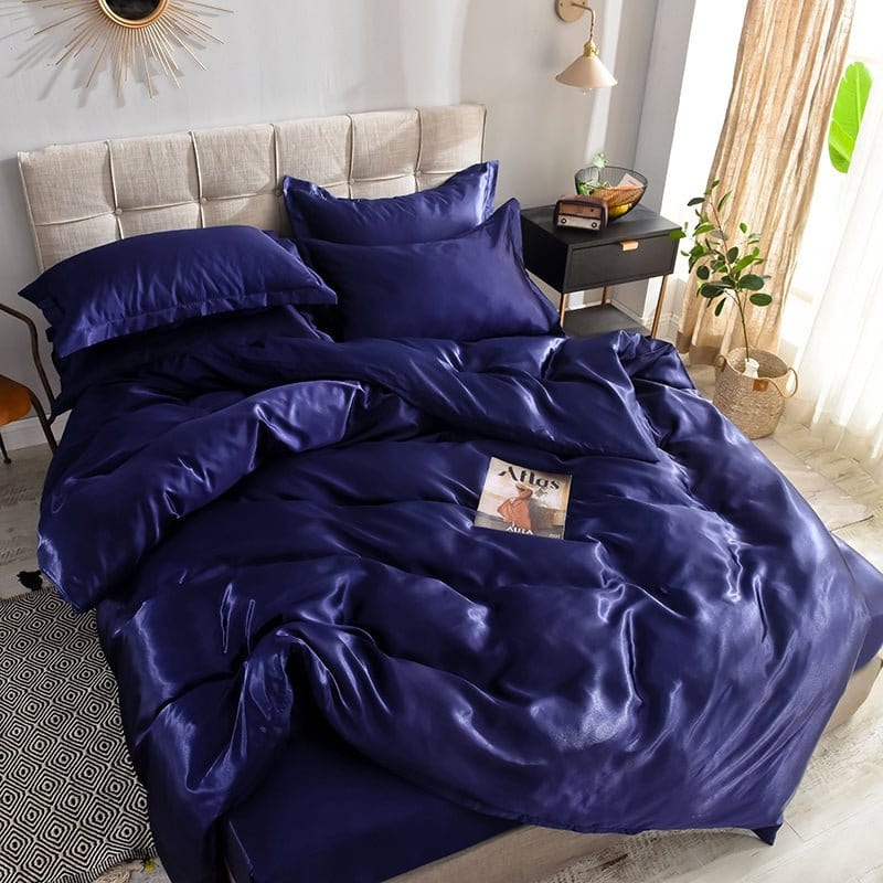 Blu scuro type satin - Drap Fodera / Copripiumino / 2 taies d'oreiller
