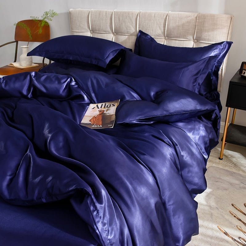 Blu scuro type satin - Drap Fodera / Copripiumino / 2 taies d'oreiller