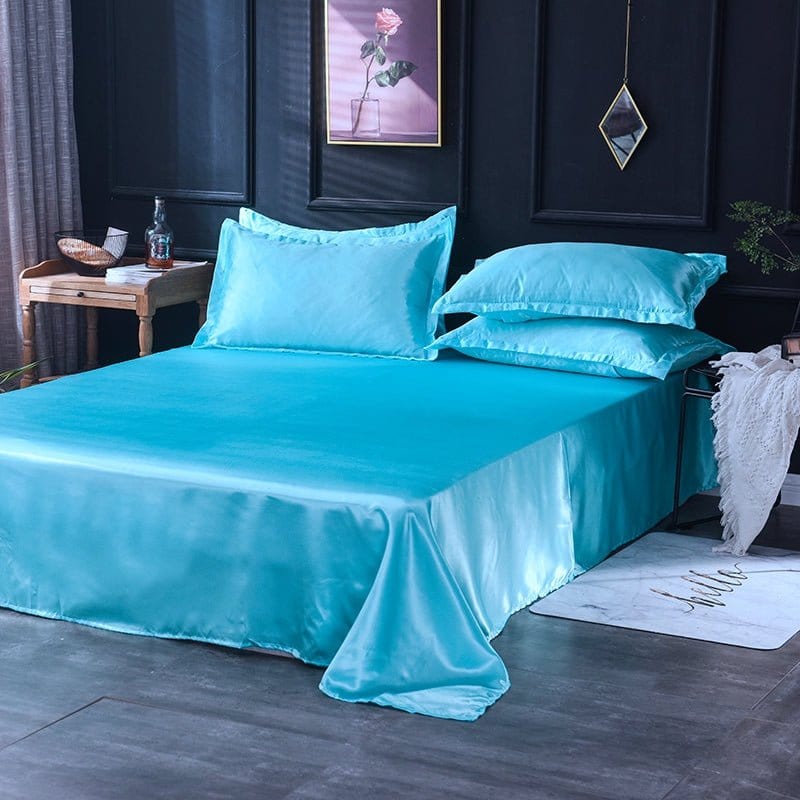 Blu turquoise type satin - Drap Fodera / Copripiumino / 2 taies d'oreiller