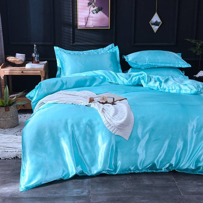 Blu turquoise type satin - Drap Fodera / Copripiumino / 2 taies d'oreiller